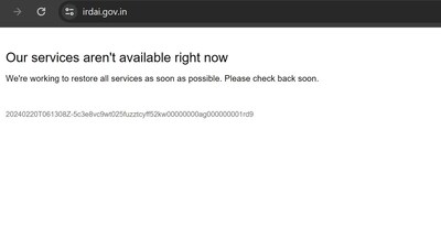 IRDAI website down: Screenshot from the site. IRDAI website down: Screenshot from the site.