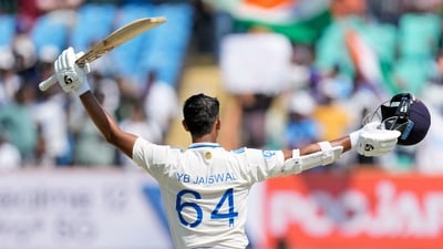 India's Yashasvi Jaiswal celebrates his double century (AP) India's Yashasvi Jaiswal celebrates his double century (AP)