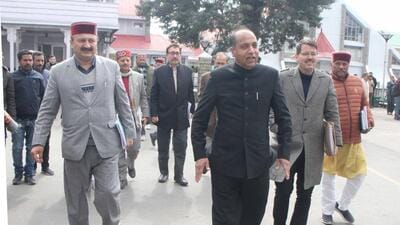 Leader of Opposition Jai Ram Thakur and other BJP legislators arriving at the Himachal Vidhan Sabha for the budget session. (Deepak Sansta/HT)