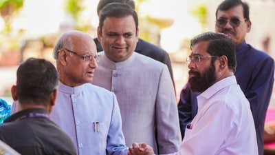 Maharashtra Governor Ramesh Bais with Chief Minister Eknath Shinde and State Assembly Speaker Rahul Narwekar during the one-day special session of the Assembly on Maratha reservation, in Mumbai, (PTI) Maharashtra Governor Ramesh Bais with Chief Minister Eknath Shinde and State Assembly Speaker Rahul Narwekar during the one-day special session of the Assembly on Maratha reservation, in Mumbai, (PTI)