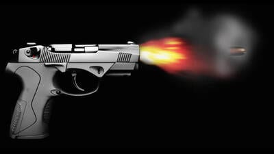 Pistol firing with bullet fire and smoke isolated on black side view (Getty Images/iStockphoto) Pistol firing with bullet fire and smoke isolated on black side view (Getty Images/iStockphoto)