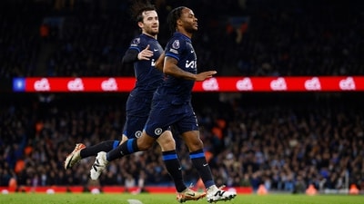 Chelsea's Raheem Sterling celebrates scoring their first goal with Ben Chilwell (Action Images via Reuters)