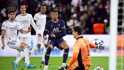 Kylian Mbappe scores his first goal against Real Madrid (REUTERS)
