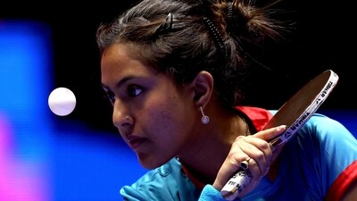 India's Ayhika Mukherjee in action during her women's singles group stage match against China's Sun Yingsha (REUTERS)