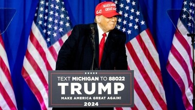 Donald Trump speaks during a "Get Out The Vote" rally in Waterford Township, Michigan, US, on Saturday, Feb. 17, 2024 (Photographer: Nic Antaya/Bloomberg) (Bloomberg) Donald Trump speaks during a "Get Out The Vote" rally in Waterford Township, Michigan, US, on Saturday, Feb. 17, 2024 (Photographer: Nic Antaya/Bloomberg) (Bloomberg)