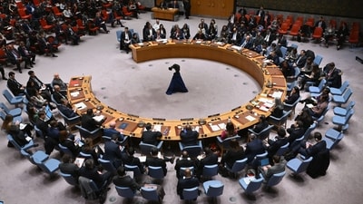 The UN Security Council holds a meeting on the Israel-Hamas war, at UN Headquarters in New York City on February 20, 2024. The US vetoed a UN Security Council resolution on Tuesday that called for an immediate ceasefire in Gaza, even as President Joe Biden faced mounting pressure to dial back support for Israel. (Photo by ANGELA WEISS / AFP) (AFP) The UN Security Council holds a meeting on the Israel-Hamas war, at UN Headquarters in New York City on February 20, 2024. The US vetoed a UN Security Council resolution on Tuesday that called for an immediate ceasefire in Gaza, even as President Joe Biden faced mounting pressure to dial back support for Israel. (Photo by ANGELA WEISS / AFP) (AFP)