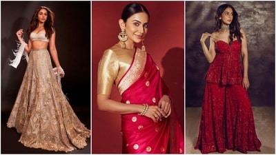 Bride-to-be Rakul Preet Singh's diverse ethnic wardrobe, from sparkling red sharara sets to shimmering silver lehengas, proves she is a true fashionista. (Instagram) Bride-to-be Rakul Preet Singh's diverse ethnic wardrobe, from sparkling red sharara sets to shimmering silver lehengas, proves she is a true fashionista. (Instagram)