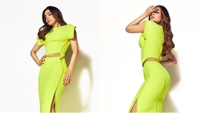 Malaika Arora poses for a new photoshoot dressed in a neon green cropped blouse and skirt set. (Instagram) Malaika Arora poses for a new photoshoot dressed in a neon green cropped blouse and skirt set. (Instagram)