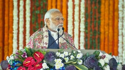 Prime Minister Narendra Modi speaks during the inauguration & foundation stone laying ceremony of multiple developmental projects, in Jammu, Tuesday, Feb. 20, 2024. (PTI)