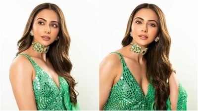 Rakul Preet Singh wore a green sharara set for her Dhol night. (Instagram) Rakul Preet Singh wore a green sharara set for her Dhol night. (Instagram)