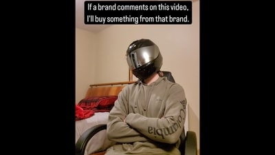 Cameron sitting on a chair sporting a hoodie, trousers and a helmet. (Instagram/@cmrn.rides) Cameron sitting on a chair sporting a hoodie, trousers and a helmet. (Instagram/@cmrn.rides)