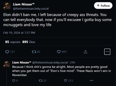 Liam Nissan says Elon Musk didn't ban him from X