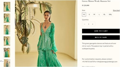 The price of the sharara set Rakul Preet wore for her Dhol night. (seemagujral.com) The price of the sharara set Rakul Preet wore for her Dhol night. (seemagujral.com)