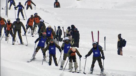 Gulmarg area after Jammu and Kashmir received fresh snowfall, in Baramulla on Monday. (ANI)
