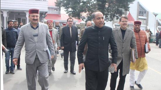 Leader of Opposition Jai Ram Thakur and other BJP legislators arriving at the Himachal Vidhan Sabha for the budget session. (Deepak Sansta/HT)