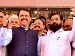 Mumbai, Feb 20 (ANI): Maharashtra Chief Minister Eknath Shinde, State Deputy CM Devendra Fadnavis, State Assembly Speaker Rahul Narwekar and others celebrate after the Maratha Reservation Bill was passed by the State Assembly, in Mumbai on Tuesday. (ANI Photo)