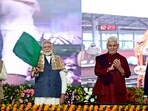 Prime Minister Narendra Modi with Union minister Jitendra Singh and Jammu and Kashmir LG Manoj Sinha flags off the inaugural electric train between Sangaldan and Baramulla at a public rally at the Maulana Azad Stadium in Jammu On Tuesday. (Waseem Andrabi/HT Photo) Prime Minister Narendra Modi with Union minister Jitendra Singh and Jammu and Kashmir LG Manoj Sinha flags off the inaugural electric train between Sangaldan and Baramulla at a public rally at the Maulana Azad Stadium in Jammu On Tuesday. (Waseem Andrabi/HT Photo)