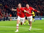 PSV Eindhoven's Luuk de Jong celebrates after scoring.