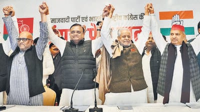 (From left) UP Congress president Ajay Rai, AICC UP in-charge Avinash Pande, SP national secretary Rajendra Chaudhary and state SP chief Naresh Uttam Patel in Lucknow. (Mushtaq Ali/HT) (From left) UP Congress president Ajay Rai, AICC UP in-charge Avinash Pande, SP national secretary Rajendra Chaudhary and state SP chief Naresh Uttam Patel in Lucknow. (Mushtaq Ali/HT)