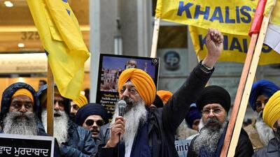 A protest outside India’s consulate, a week after Canada's PM Justin Trudeau raised the prospect of New Delhi's involvement in the murder of Sikh separatist leader Hardeep Singh Nijjar, in Vancouver, British Columbia, Canada, on September 25, 2023. (REUTERS) A protest outside India’s consulate, a week after Canada's PM Justin Trudeau raised the prospect of New Delhi's involvement in the murder of Sikh separatist leader Hardeep Singh Nijjar, in Vancouver, British Columbia, Canada, on September 25, 2023. (REUTERS)