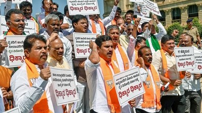 Karnataka BJP President B Y Vijayendra, Leader of Opposition in the State Assembly R Ashok, former state CM Basavaraj Bommai and other leaders protest against the state government, in Bengaluru on Wednesday. (ANI Photo/For representation) (Savitha) Karnataka BJP President B Y Vijayendra, Leader of Opposition in the State Assembly R Ashok, former state CM Basavaraj Bommai and other leaders protest against the state government, in Bengaluru on Wednesday. (ANI Photo/For representation) (Savitha)