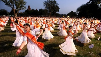 Dancers perform during a 'Kathak Kumbh' at the inauguration ceremony of the 50th Khajuraho Dance Festival, at Khajuraho, in Chhatarpur on Tuesday. Madhya Pradesh: 50th Khajuraho Dance Festival kickstarts in Chhatarpur (ANI Photo/Sanjeev Gupta) Dancers perform during a 'Kathak Kumbh' at the inauguration ceremony of the 50th Khajuraho Dance Festival, at Khajuraho, in Chhatarpur on Tuesday. Madhya Pradesh: 50th Khajuraho Dance Festival kickstarts in Chhatarpur (ANI Photo/Sanjeev Gupta)