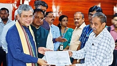 Union Railways Minister Ashwini Vaishnaw receives the certificate of election after being elected as a Rajya Sabha MP, on Tuesday. (ANI Photo) Union Railways Minister Ashwini Vaishnaw receives the certificate of election after being elected as a Rajya Sabha MP, on Tuesday. (ANI Photo)