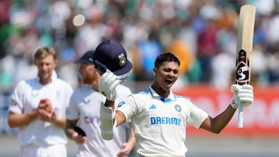 India's Yashasvi Jaiswal celebrates his double century on the fourth day of the third test match. (AP)