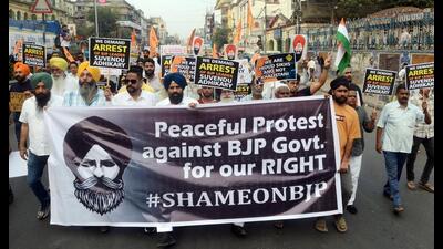 Bharatiya Janata Party (BJP) leader Suvendu Adhikari’s alleged “Khalistani” remark at a Sikh IPS officer triggered protests in several parts of West Bengal even as Punjab chief minister Bhagwant Mann slammed the saffron party and sought an apology for insulting the officer. Bharatiya Janata Party (BJP) leader Suvendu Adhikari’s alleged “Khalistani” remark at a Sikh IPS officer triggered protests in several parts of West Bengal even as Punjab chief minister Bhagwant Mann slammed the saffron party and sought an apology for insulting the officer.