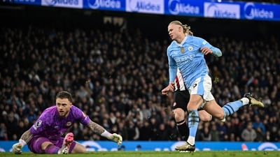 Manchester City's Norwegian striker Erling Haaland (L) celebrates after scoring. (AFP) Manchester City's Norwegian striker Erling Haaland (L) celebrates after scoring. (AFP)