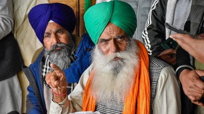 Farmer leaders Sarwan Singh Pandher and Jagjit Singh Dallewal address the media at the Punjab-Haryana Shambhu border. (PTI file) Farmer leaders Sarwan Singh Pandher and Jagjit Singh Dallewal address the media at the Punjab-Haryana Shambhu border. (PTI file)