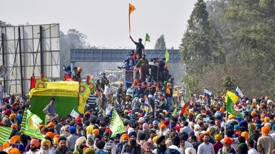 Farmers during the protest at the Punjab-Haryana Shambhu border, in Patiala district, on Tuesday. (PTI) Farmers during the protest at the Punjab-Haryana Shambhu border, in Patiala district, on Tuesday. (PTI)