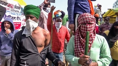 Jind, Feb 21 (ANI): Farmers during their 'Delhi Chalo' march at the Khanauri Border in Jind on Wednesday. (ANI) Jind, Feb 21 (ANI): Farmers during their 'Delhi Chalo' march at the Khanauri Border in Jind on Wednesday. (ANI)