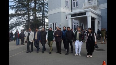 Leader of Opposition Jai Ram Thakur along with BJP legislators staged a walkout from the assembly during the Himachal Pradesh Vidhan Sabha budget session inShimla on Wednesday. (Deepak Sansta/ HT) Leader of Opposition Jai Ram Thakur along with BJP legislators staged a walkout from the assembly during the Himachal Pradesh Vidhan Sabha budget session inShimla on Wednesday. (Deepak Sansta/ HT)