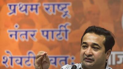 Mumbai, India - August 06, 2022: BJP leader Nitesh Rane addresses the media during a press conference at BJP Office, Nariman Point, in Mumbai, India, on Saturday, August 06, 2022. (Photo by Anshuman Poyrekar/ Hindustan Times) (Anshuman Poyrekar/HT PHOTO) Mumbai, India - August 06, 2022: BJP leader Nitesh Rane addresses the media during a press conference at BJP Office, Nariman Point, in Mumbai, India, on Saturday, August 06, 2022. (Photo by Anshuman Poyrekar/ Hindustan Times) (Anshuman Poyrekar/HT PHOTO)
