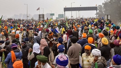 Protesting farmers during their 'Delhi Chalo' march, near the Punjab-Haryana Shambhu Border, in Patiala district. (PTI) Protesting farmers during their 'Delhi Chalo' march, near the Punjab-Haryana Shambhu Border, in Patiala district. (PTI)