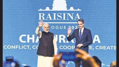 Prime Minister Narendra Modi and Greek Prime Minister Kyriakos Mitsotakis at the 9th Raisina Dialogue in New Delhi on Wednesday. (ANI) Prime Minister Narendra Modi and Greek Prime Minister Kyriakos Mitsotakis at the 9th Raisina Dialogue in New Delhi on Wednesday. (ANI)