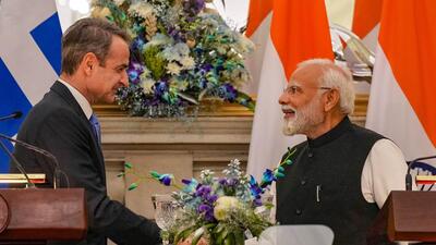 Prime Minister Narendra Modi and his Greek counterpart Kyriakos Mitsotakis. (PTI Photo) Prime Minister Narendra Modi and his Greek counterpart Kyriakos Mitsotakis. (PTI Photo)