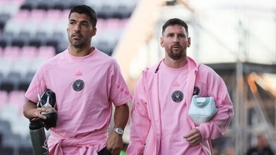 Inter Miami CF forward Luis Suarez (9) and forward Lionel Messi (10) ahead of a pre-season match. (USA TODAY Sports via Reuters Con)