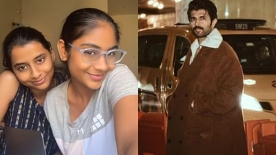 The image shows the fans (left) who promised to study for their exam if Vijay Deverakonda (right) comments on their video. (Instagram/@harshithaareddy__) The image shows the fans (left) who promised to study for their exam if Vijay Deverakonda (right) comments on their video. (Instagram/@harshithaareddy__)