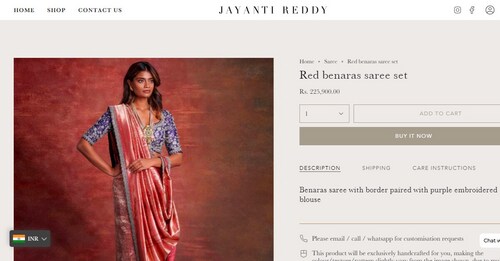 Sini Shetty's red Benaras saree from Jayanti Reddy (Screengrab from jayantireddy.com) Sini Shetty's red Benaras saree from Jayanti Reddy (Screengrab from jayantireddy.com)