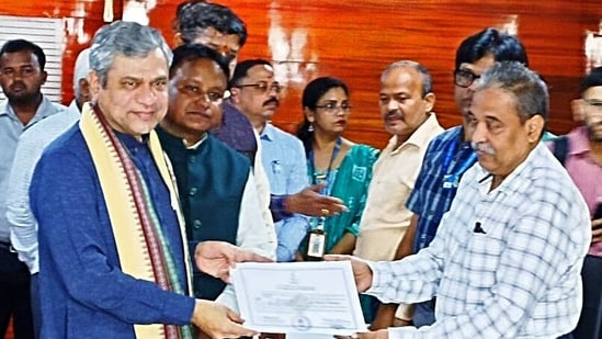 Union Railways Minister Ashwini Vaishnaw receives the certificate of election after being elected as a Rajya Sabha MP, on Tuesday. (ANI Photo)