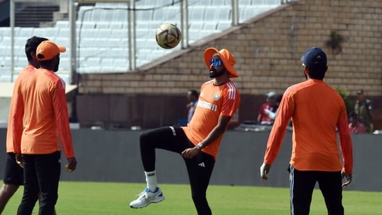 India's Mohammed Siraj plays football with his teammates. The pacer bagged four wickets in the England 1st innings at Rajkot.&nbsp;(ANI)