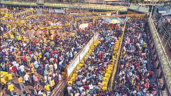 Devotees during the 'Sammakka Saralamma Jatara', at Medaram in Mulugu district on Wednesday. (PTI)