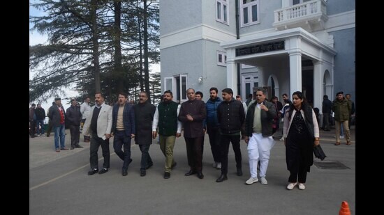 Leader of Opposition Jai Ram Thakur along with BJP legislators staged a walkout from the assembly during the Himachal Pradesh Vidhan Sabha budget session inShimla on Wednesday. (Deepak Sansta/ HT)