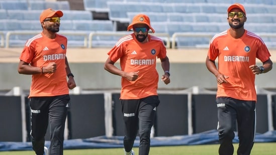India's Mukesh Kumar, Mohammed Siraj and Akash Deep during a practice session. India are without Jasprit Bumrah for the 4th Test.&nbsp;(PTI)