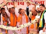 Union home minister Amit Shah at the ‘Vijay Sankalp Shankhnad’ rally in Chhattigarh's Janjgir.