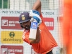<p>Captain Rohit Sharma could be seen focused while batting in the nets. He will be looking to post a big score.</p>