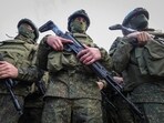 Russian soldiers line up during an opening ceremony of the memorial to Russian service members killed during Russia-Ukraine conflict, in Yevpatoriya, Crimea.