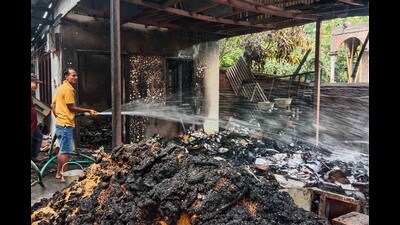 Smoke billows from a fire that broke out amid clashes between armed groups and security forces, in Manipur, on May 28, 2023. (PTI) Smoke billows from a fire that broke out amid clashes between armed groups and security forces, in Manipur, on May 28, 2023. (PTI)